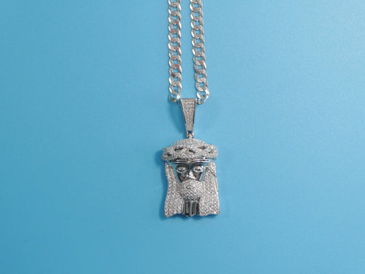 14k white gold color tone chain and large Jesus face charm pendent over real 925 sterling silver