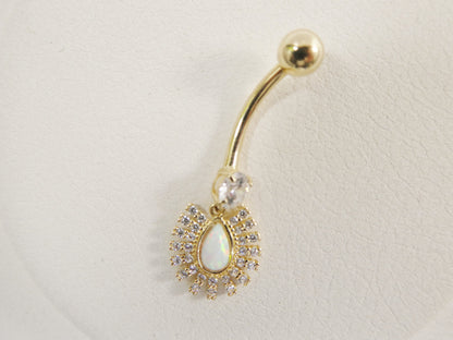 14k Real Solid Yellow Gold Dangling Barbell Opal Belly Button Ring Piercing