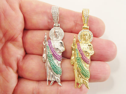 Real Solid 925 Sterling Silver Large Color Stone Saint Jude Pendent