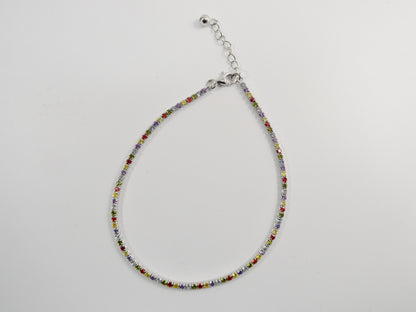 Real 925 Sterling Silver Multi-Color Rainbow Anklet Tennis Bracelet With Extension