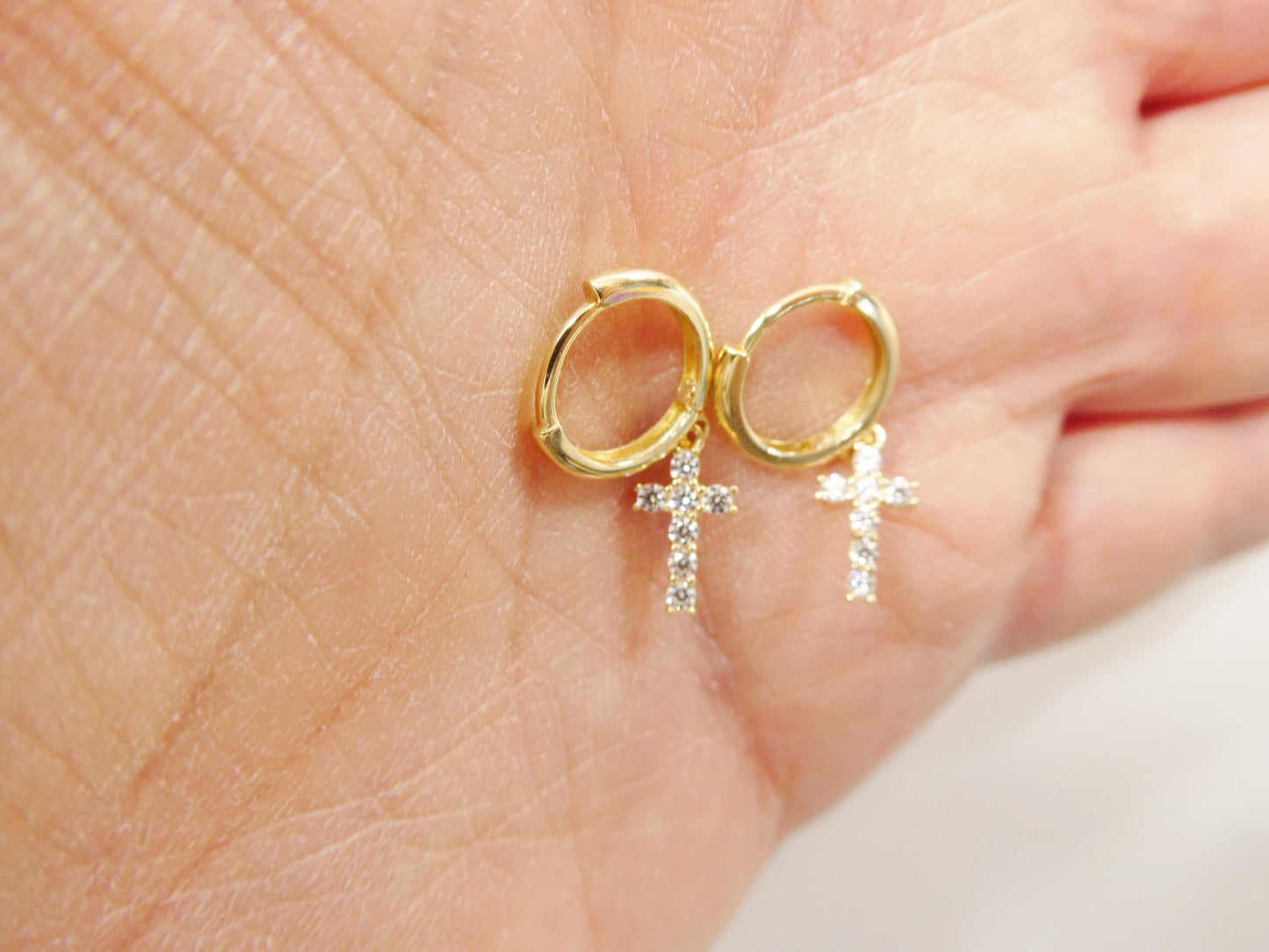 real 10k solid yellow gold cross dropping hoop huggie earring