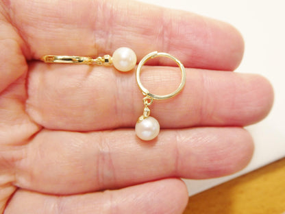 Real 10k Solid Yellow Gold Cultured Freshwater Pearl Hoop Huggie Earrings