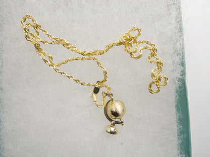 14k Real Solid Yellow Gold Globe Pendent & Robe Necklace