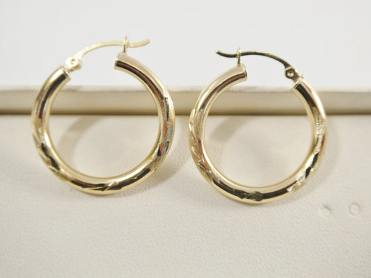 10k real solid yellow gold diomond cut hoop earring