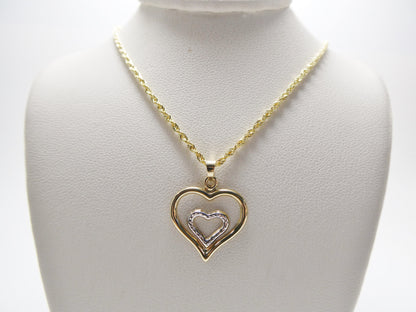 14k Real Solid Yellow Gold Two Tone Double Heart Pendent and Robe Necklace