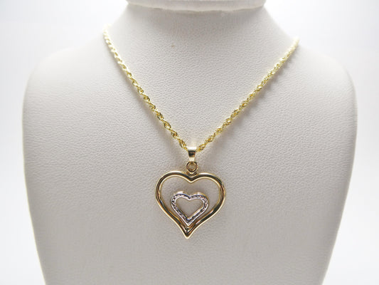14k real solid yellow gold two tone double heart pendent and robe necklace