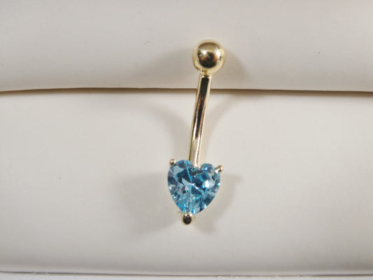 14k real solid yellow gold 6mm heart aquamarine stone belly button ring piercing
