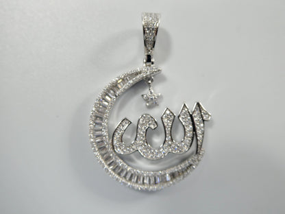 Real 925 Sterling Silver Large Muslim Allah Pendent Baguette Stone Charm
