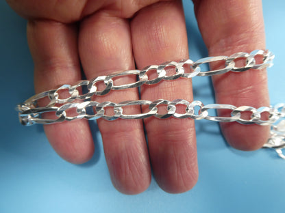 Real 925 Sterling Silver 6.4mm Italian Concave Figaro Solid Chain Lobster Lock Clasp