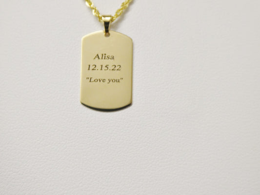 14k real solid yellow gold personalized tag pendent and robe necklace