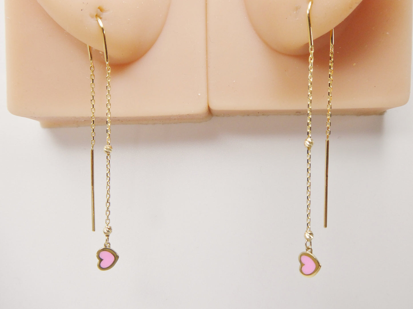 14k real solid yellow gold white heart enamel long dangling earrings