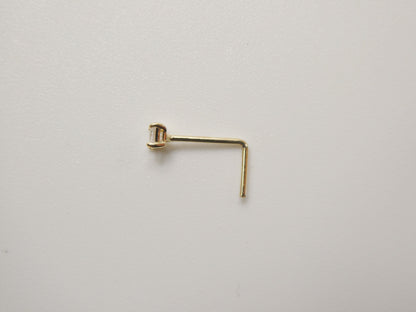 14k Real Solid Yellow Gold L-Shape 2mm Square Stone Stud Nose Ring