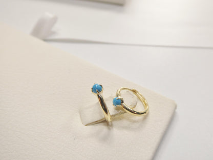 Real 10k Solid Yellow Gold Designer Polish Hoop Turquoise Huggie Earrings