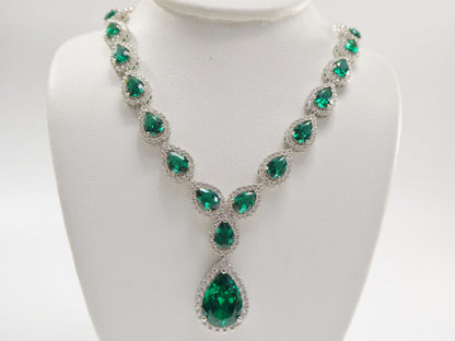 Real 925 Sterling Silver Teardrop Emerald Green Women Necklace