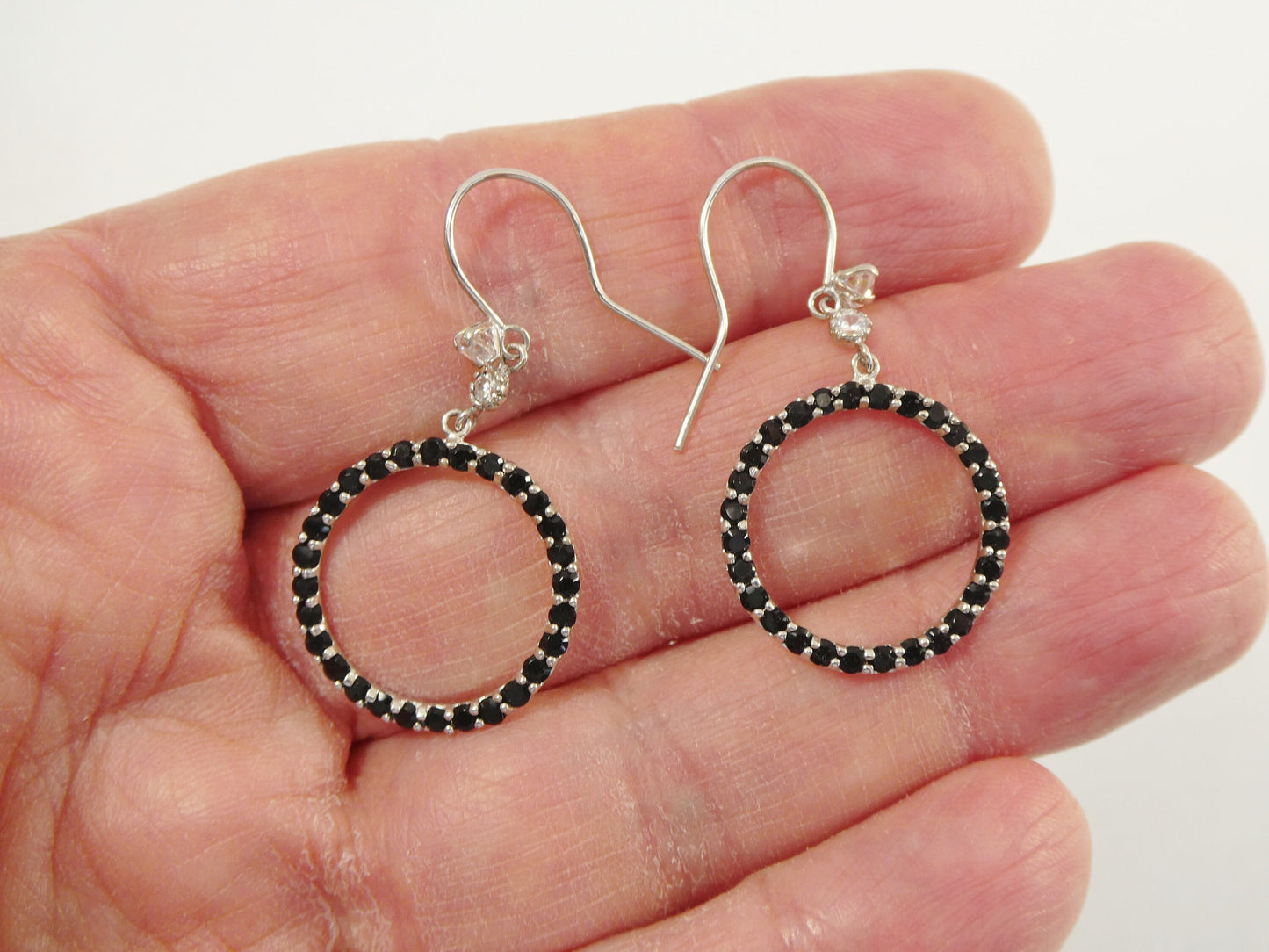 14k real solid white gold black stone circle earrings