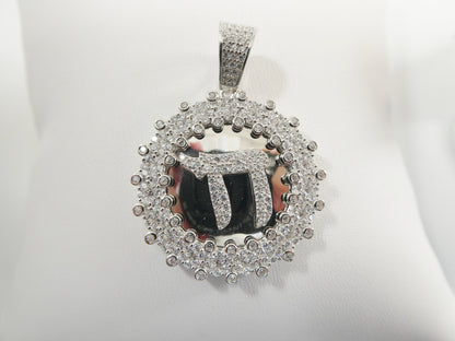 Real 925 Sterling Silver Large Hebrew Hai Pendent Prong Stone Charm