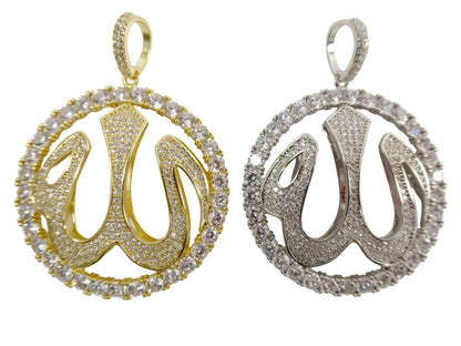 Real 925 Sterling Silver Large Muslim Allah Pendent Full ice Stone Charm