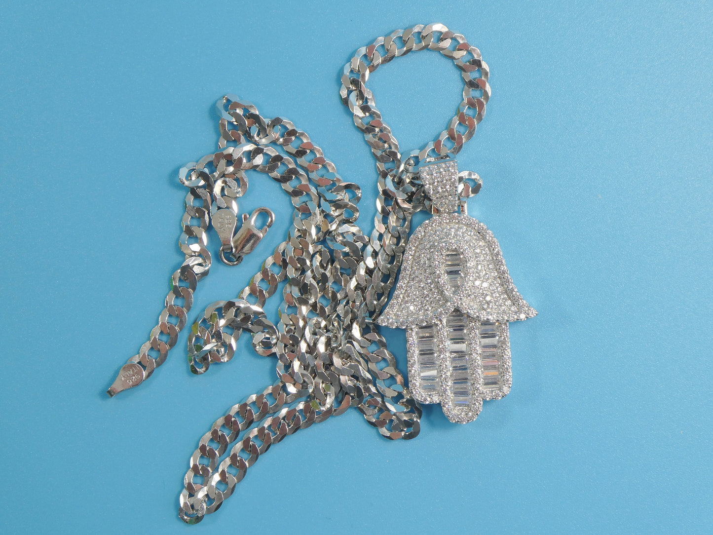 14k white gold color tone chain and large hamsa evil eye charm pendent over real 925 sterling silver