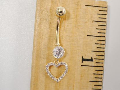 14k Real Solid Yellow Gold Dangling Heart Belly Button Ring Piercing