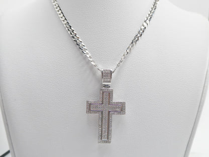 Real 925 Sterling Silver 22 Inch Flat Chain and Moissanite Cross Pendent Charm