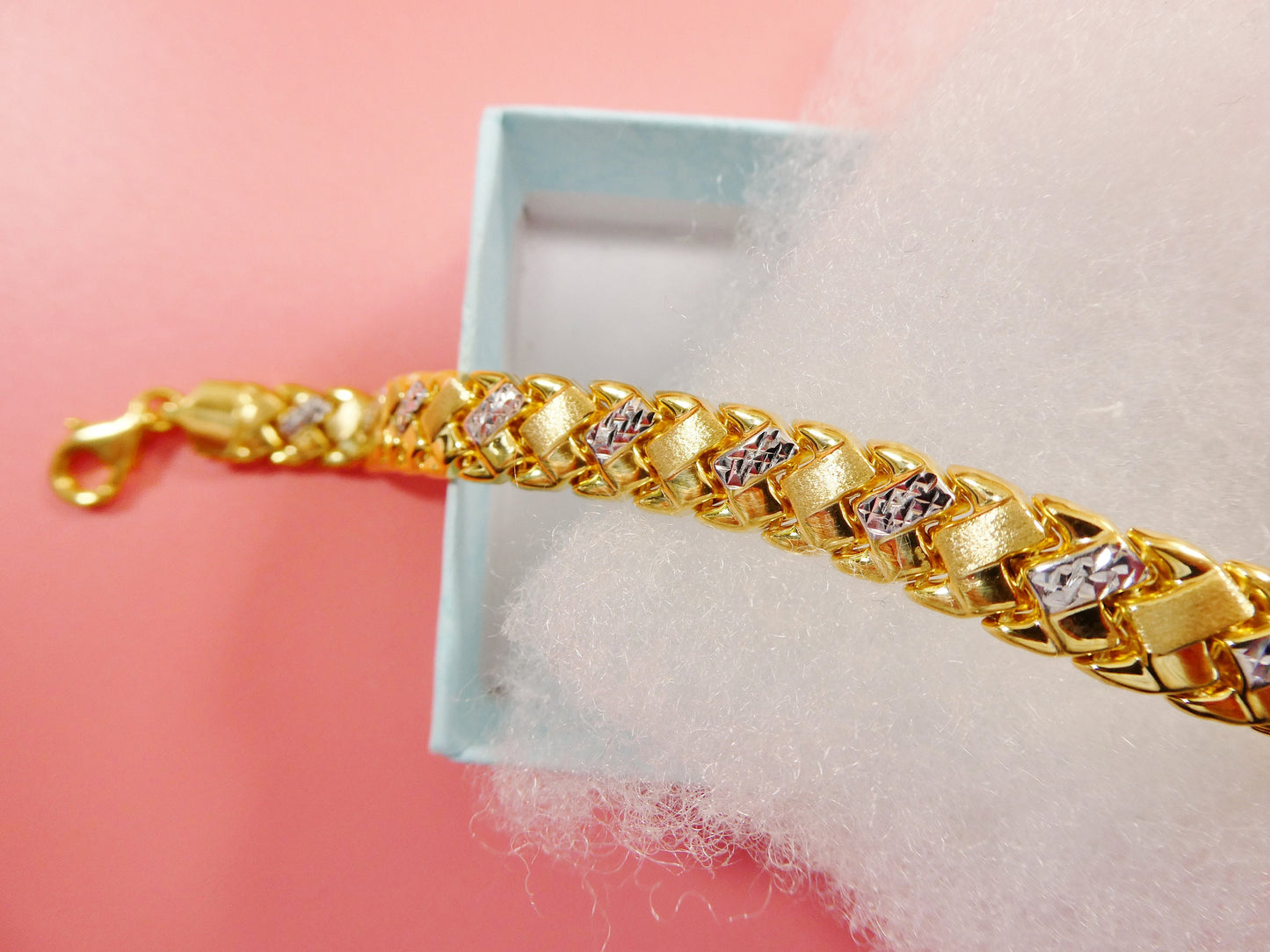 8 inch basket STAMPATO bracelet two tone color 14k yellow gold color finish over real 925 sterling silver
