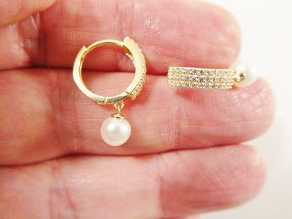 Real 10k Solid Yellow Gold Cultured Freshwater Pearl Dropping Hoop Huggie Earrings