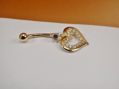14k Real Solid Yellow Gold Heart Dangling Belly Ring