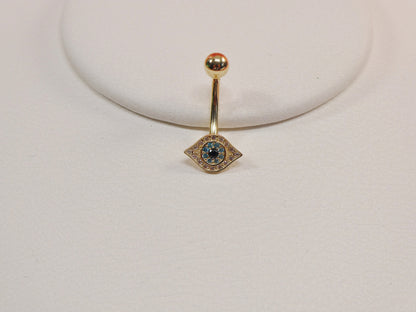 14k Real Solid Yellow Gold Evil Eye Belly Button Ring Piercing