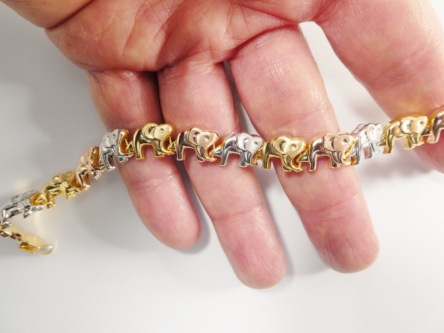 6.5 /7/ 8/ 10 inch tri color elephant bracelet 14k gold color tone over real 925 sterling silver