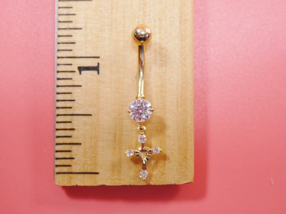 14k Real Solid Yellow Gold Dangling Cross Belly Button Ring Piercing