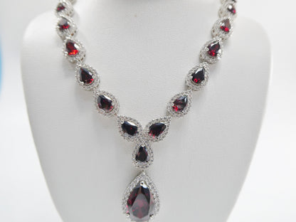 Real 925 Sterling Silver Teardrop Red Garnet Women Necklace