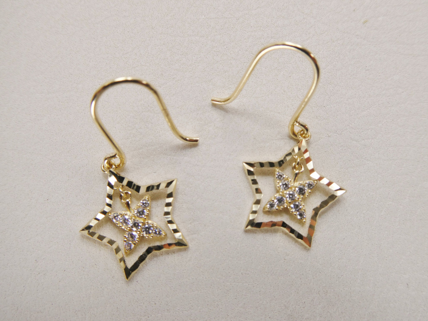 real 10k solid yellow gold dangle star fish hook earring