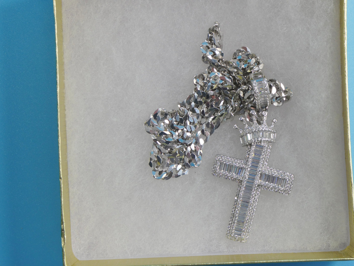 14k white gold color tone chain and large crown cross charm pendent over real 925 sterling silver
