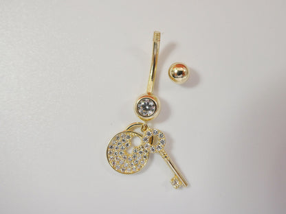 14k Real Solid Yellow Gold Dangling Lock And Key Belly Button Ring Piercing