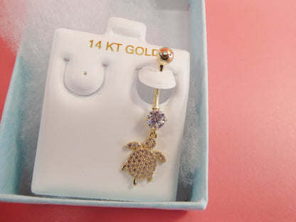14k Real Solid Yellow Gold Dangling Turtle Belly Button Ring Piercing