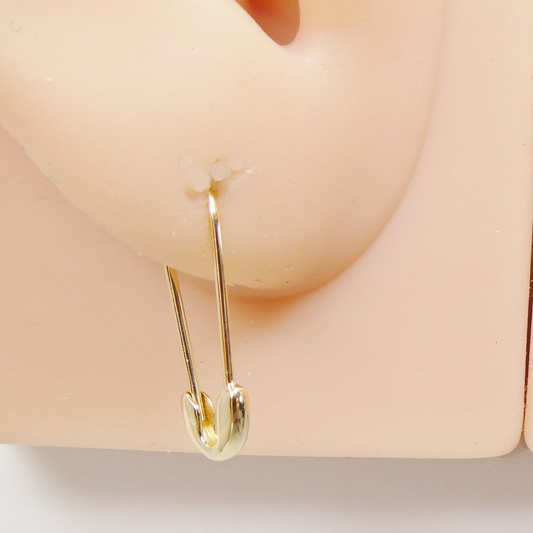 real 10k solid yellow gold safety pin dangle drop earrings