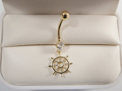 14k Real Solid Yellow Gold Ship Wheel Dangling Belly Button Ring Piercing