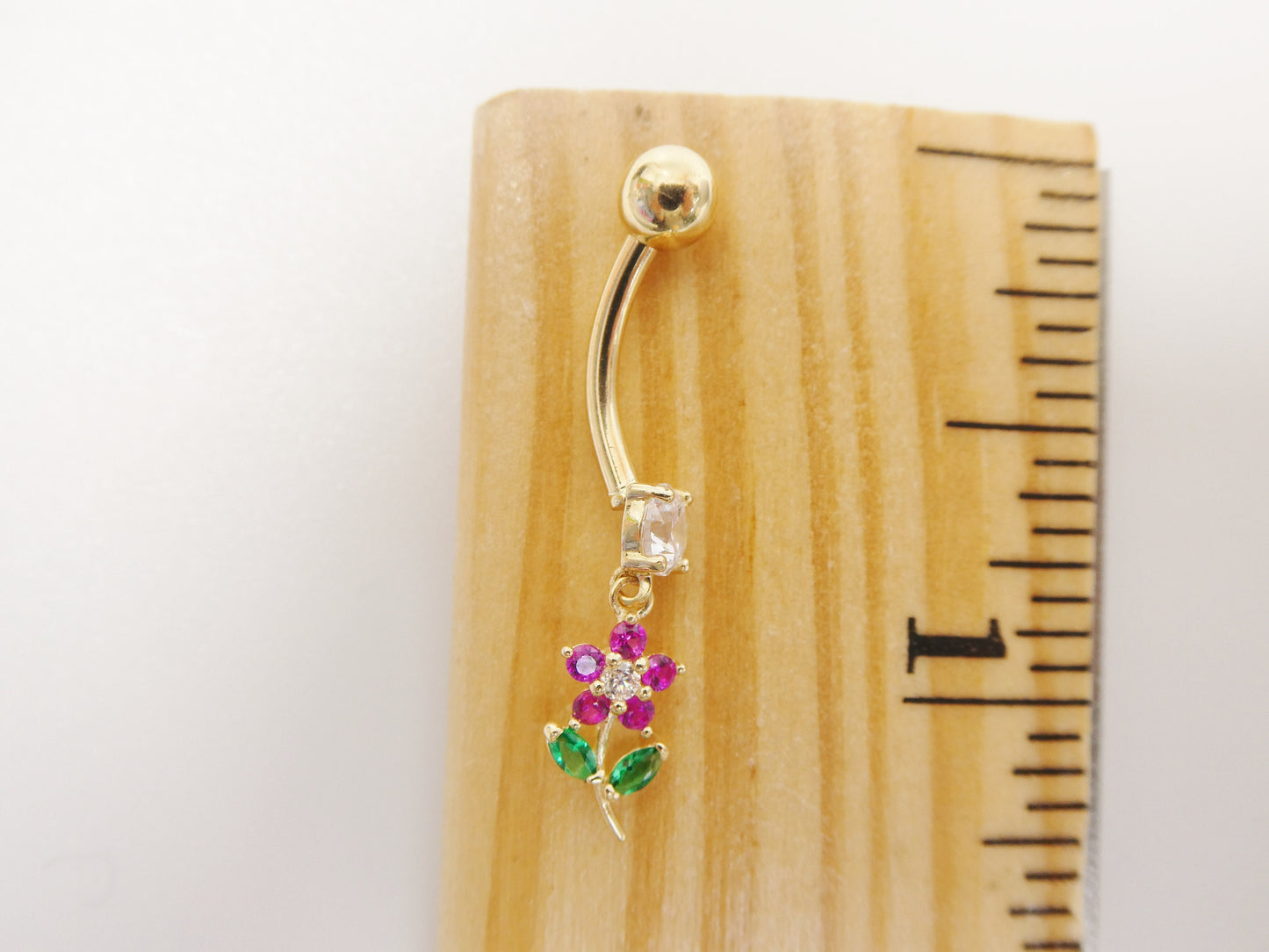 14k real solid yellow gold color leaf flower dangling belly button ring piercing