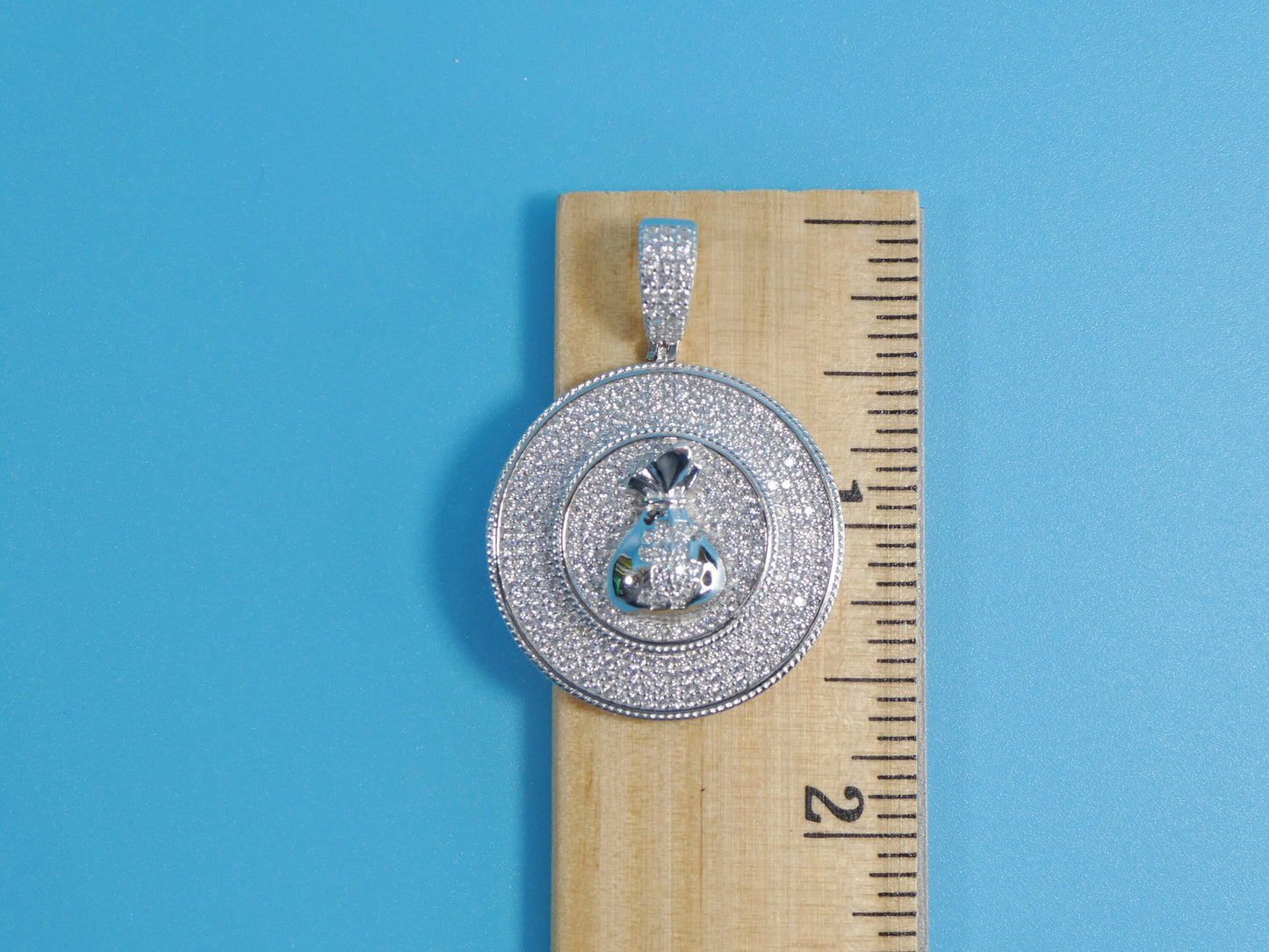 Sterling Silver Money Sign Pendant: 14k White Gold Tone Cuban Chain