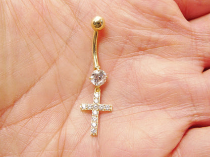 14k Real Solid Yellow Gold Dangling Cross Belly Button Ring Piercing