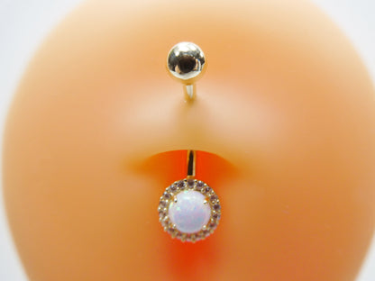 14k Real Solid Yellow Gold Circle Opal Belly Button Ring Piercing