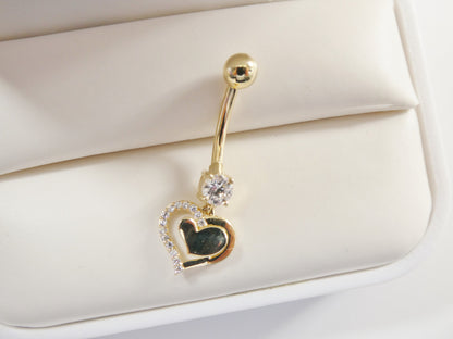 14k Real Solid Yellow Gold Heart Dangling Belly Button Ring Piercing