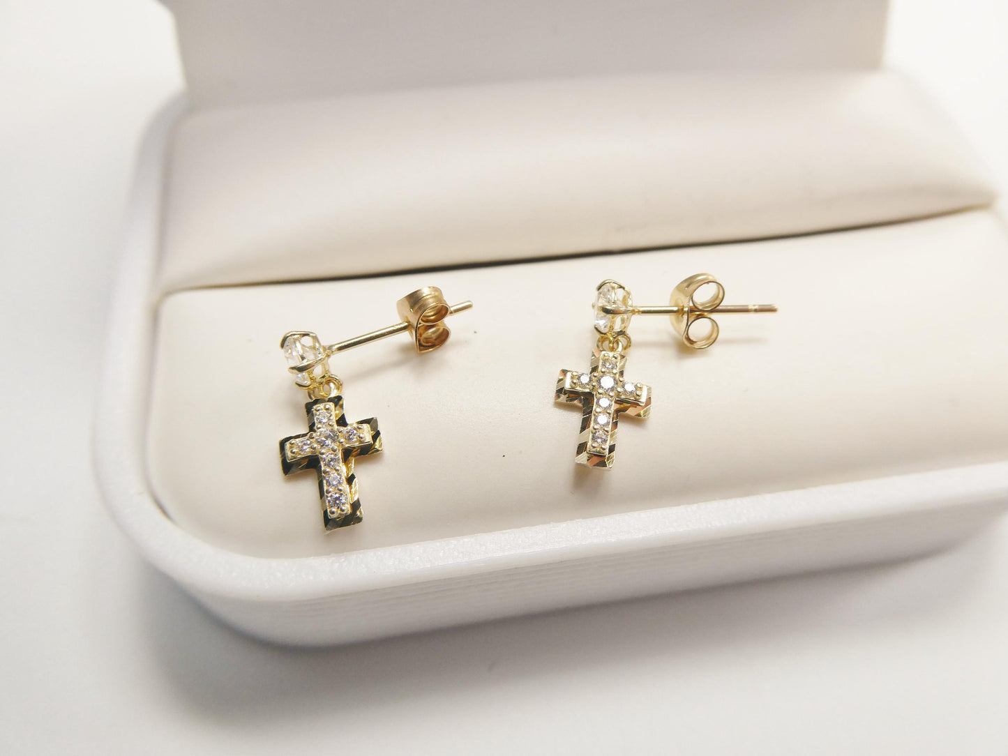 real 10k solid yellow gold cross dropping push post earrings