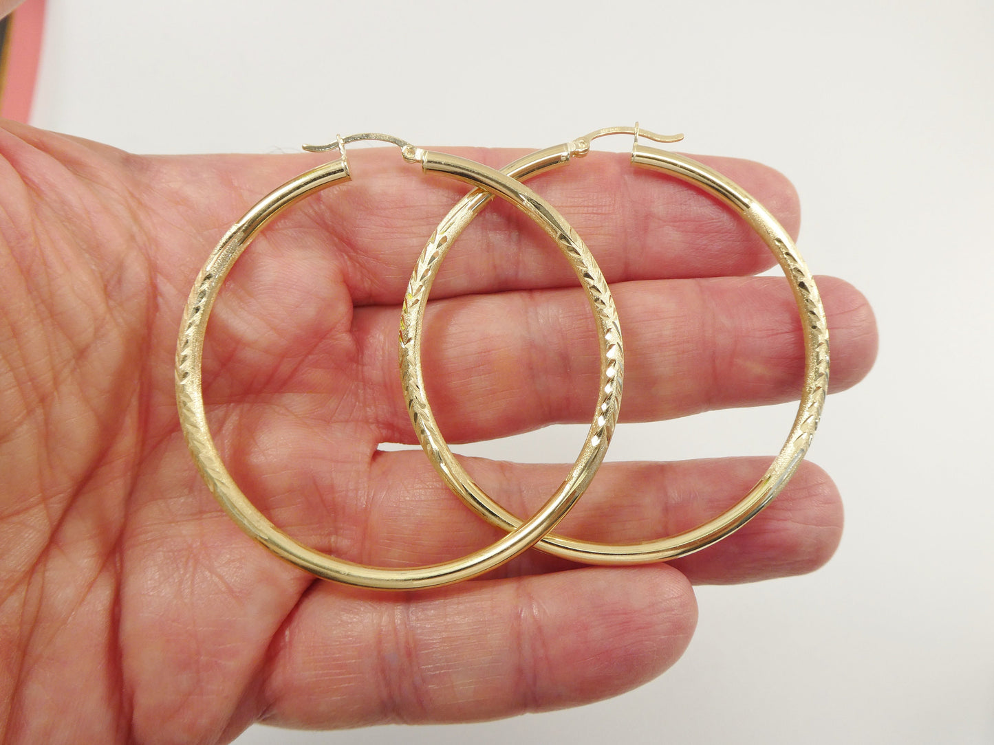 14K real solid yellow gold 55mm round hoop earring snap closure diamond cut finish