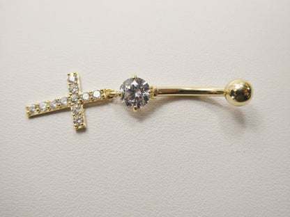 14k Real Solid Yellow Gold Dangling Cross Belly Button Ring Piercing