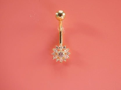 14k Real Solid Yellow Gold Flower Belly Button Ring Piercing