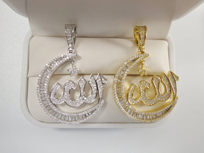 Real 925 Sterling Silver Large Muslim Allah Pendent Baguette Stone Charm