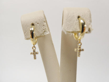 Real 10k Solid Yellow Gold Cross Dropping Hoop Huggie Earrings