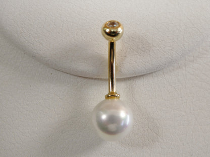 14k Real Solid Yellow Gold Freshwater Pearl Belly Button Ring Piercing