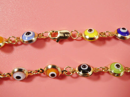 Real 14k Sold Yellow Gold 6 Inch Evil Eye Multi Color Adjustable Baby Bracelet